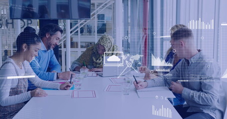 Image of data processing over diverse business people in office