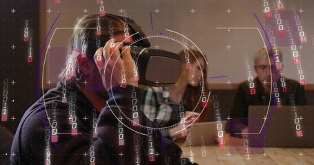 Image of binary coding data processing over diverse business people in office