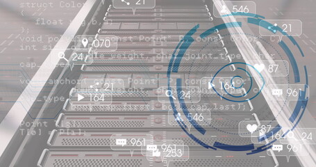 Image of eye icon over data processing and server room