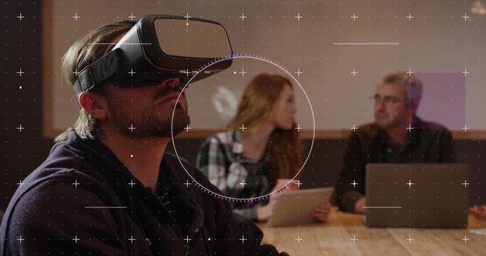 Image of binary coding data processing over diverse business people in office