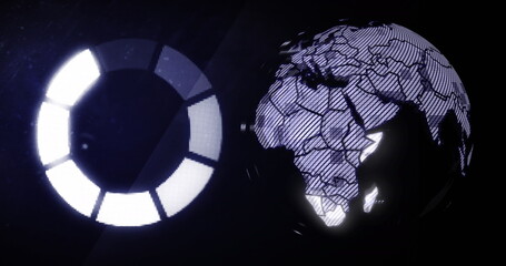 Image of scope and globe with data processing over black background