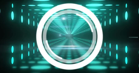 Cercles muraux Tunnel Image of data processing over neon tunnel on dark background