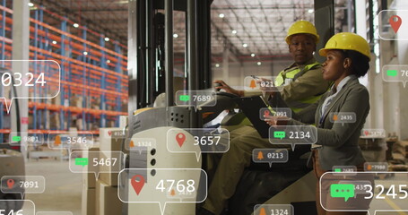 Image of social media data processing over diverse engineers in warehouse