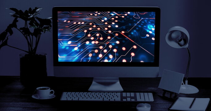 Image of computer with data processing in office