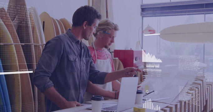 Image of data processing and statistics over diverse business people surf shop - Powered by Adobe