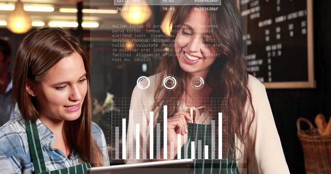 Image of data processing over diverse business people using tablet