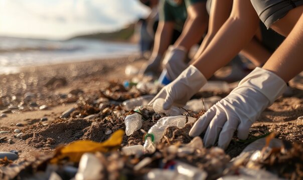 volunteers' hands cleaning up rubbish on the beach