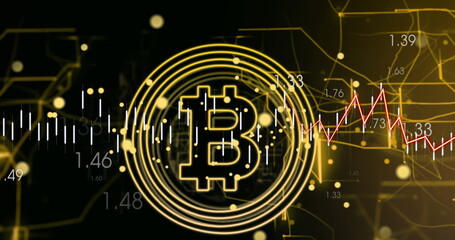 Image of data processing and bitcoin over black background