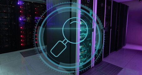Image of reading glass icon over data processing and server room