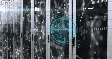 Image of fingerprint icon over data processing and server room