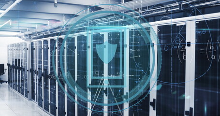 Image of data processing and smartphone over server room