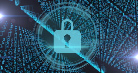 Image of data processing and padlock over black background