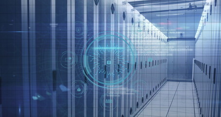 Image of data processing and padlock over server room