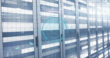 Image of data processing and business icons over server room