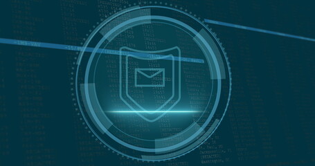 Image of data processing and shield over blue background