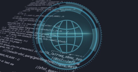 Image of data processing and globe over black background