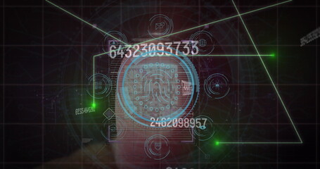 Image of data processing and qr code over black background