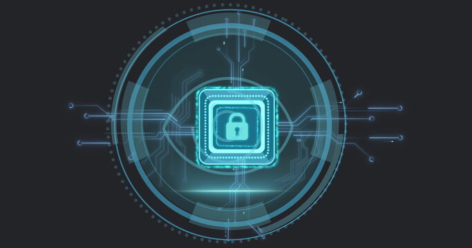 Image of data processing and padlock over black background