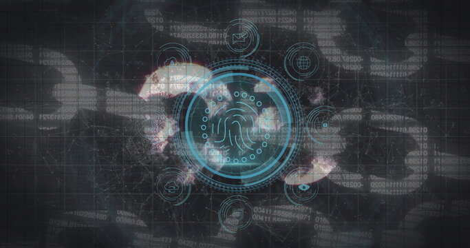 Image of data processing and fingerprint over black background