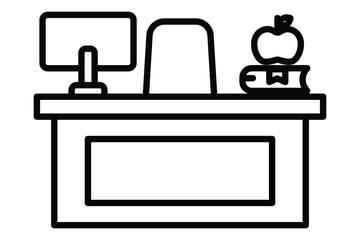 Teacher desk icon with computer. icon related to education, technology integrated teaching hub. line icon style. element illustration