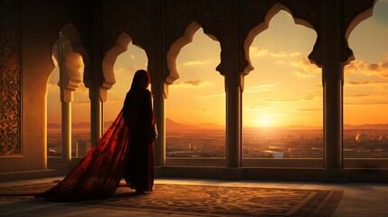 Persian woman in traditional attire standing in front of Iranian mosque at dusk - Powered by Adobe