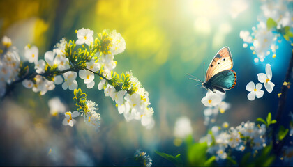 Art Beautiful blurred spring background nature with blooming glade, butterfly and blue sky on a...