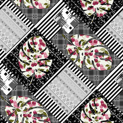 Seamless abstract patchwork monstera leaves quilt patches background - 726228949