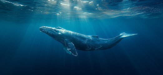 A blue whale swims alone in the deep ocean - Powered by Adobe