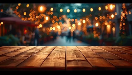 Rustic wooden table with festive bokeh lights in blurred background creating abstract and vintage atmosphere for night party or holiday celebration in modern bar cafe or restaurant showcasing urban