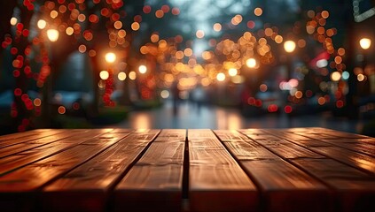 Rustic wooden table with festive bokeh lights in blurred background creating abstract and vintage atmosphere for night party or holiday celebration in modern bar cafe or restaurant showcasing urban