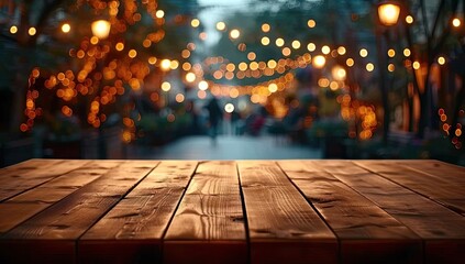 Rustic wooden table with festive bokeh lights in blurred background creating abstract and vintage atmosphere for night party or holiday celebration in modern bar cafe or restaurant showcasing urban - obrazy, fototapety, plakaty