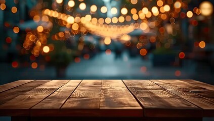 Rustic wooden table with festive bokeh lights in blurred background creating abstract and vintage atmosphere for night party or holiday celebration in modern bar cafe or restaurant showcasing urban - obrazy, fototapety, plakaty