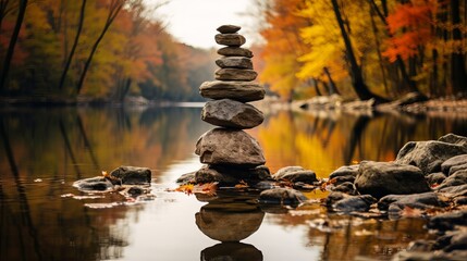 Fototapeta na wymiar Zen-like stone tower in a colorful autumn forest. A stack of natural stones balanced on each other under the falling leaves.