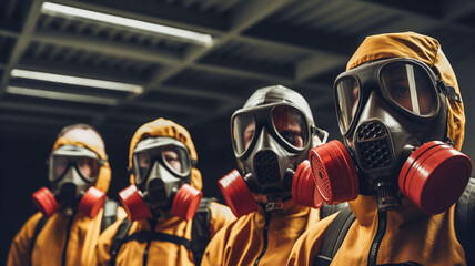 A group of men wearing gas masks and helmets. Inspecting chemical leak in industry factory.
