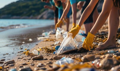 Fototapeta na wymiar volunteers' hands cleaning up rubbish on the beach