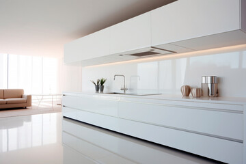 Modern kitchen interior with white wall house. Minimalistic scandinavian style