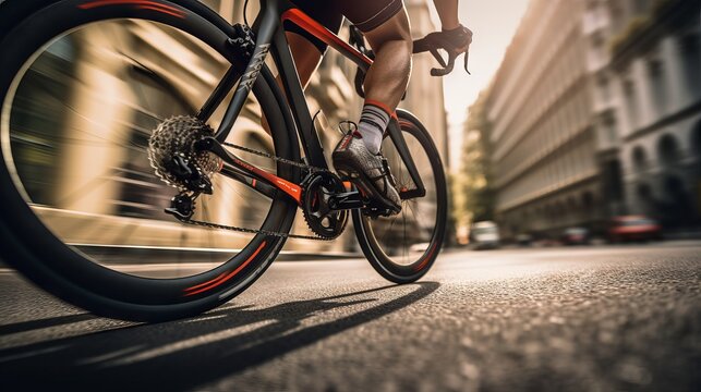 Closeup of young cyclist’s legs pedaling fast on a mountain bike trail
