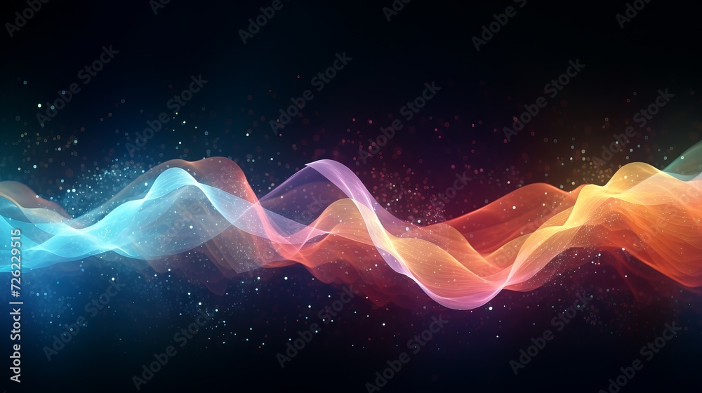 Wall mural abstract background of colorful glowing particles pulsing to the rhythm of sound waves. music visual