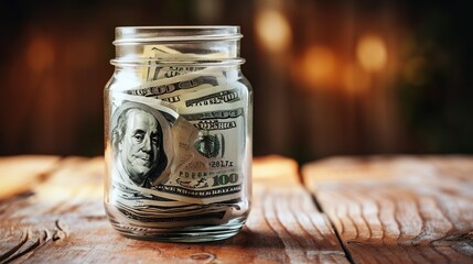 Dollar bills in glass jar on wooden background. Saving money concept. Copy space for text.