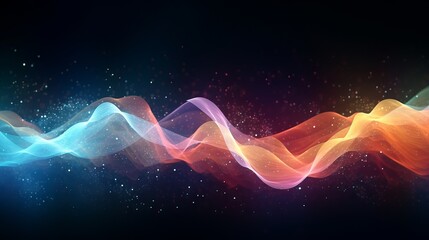 Abstract background of colorful glowing particles pulsing to the rhythm of sound waves. Music visualization concept. - obrazy, fototapety, plakaty