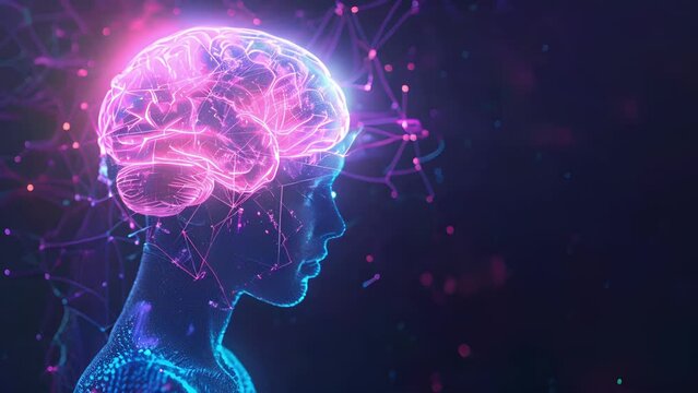 A holographic image of a human brain appears above the head of a user wearing a headband equipped with IoT sensors displaying brainwave patterns and cognitive insights.