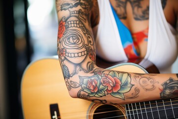 lady with arm tattoos strumming acoustic guitar - obrazy, fototapety, plakaty