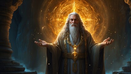 A radiant and wise enchanter stands tall, drenched in a halo of golden light, radiating tranquility and ancient knowledge. 
