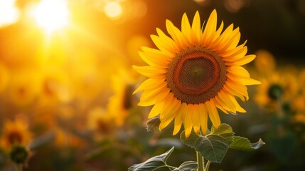 Fototapeta premium Close-up shot of a sunflower field at sunset, background blurred for depth, golden hour lighting
