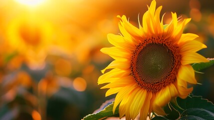 Fototapeta premium Close-up shot of a sunflower field at sunset, background blurred for depth, golden hour lighting