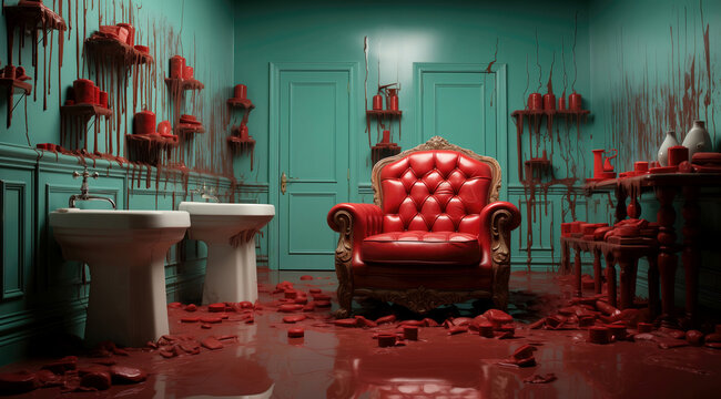 An armchair with a wood relief in a distorted washbasin room covered with thick, caseous layers of blood-like matter on the walls and the floor.