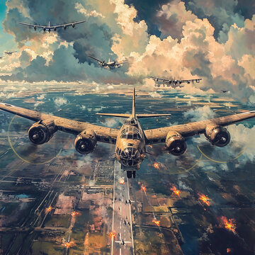 B-24 Bomber on a Mission Painting.  Generated Image.  A digital painting of a B-24 Bomber on a critical mission during World War II flying through enemy airspace.