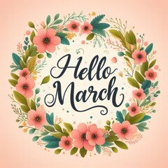 Hello March. Floral wreath with hand drawn lettering