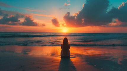 A lone woman enjoys a calm and relaxing ocean sunset on the beach. Great for a wanderlust summer vacation , generative ai - obrazy, fototapety, plakaty