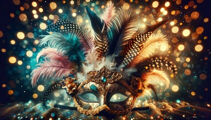 an ornate carnival mask adorned with feathers and lace - obrazy, fototapety, plakaty